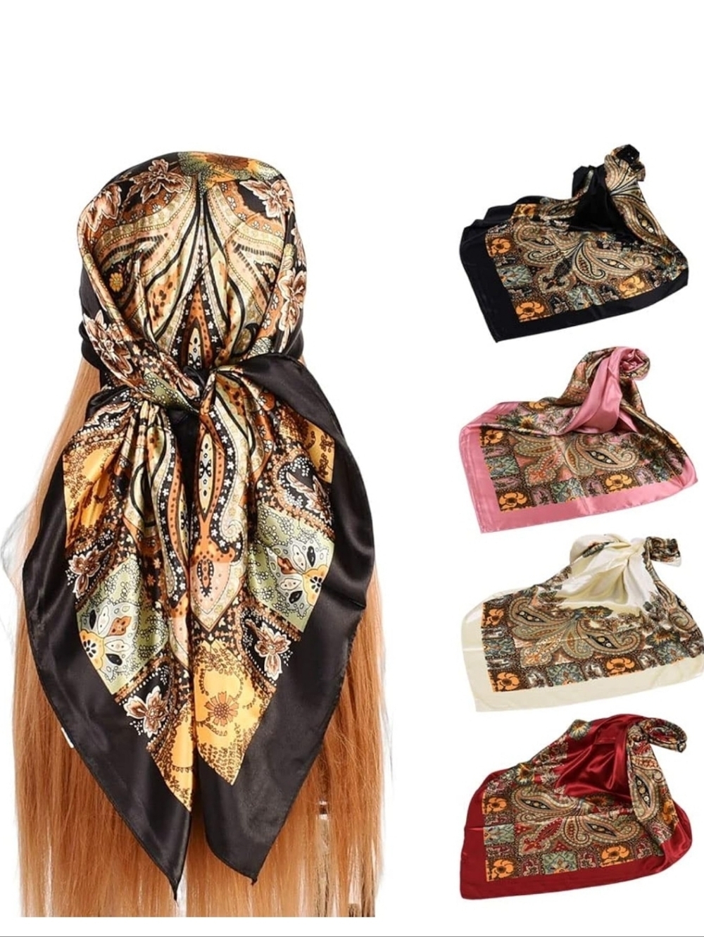 Silk-Feel Paisley Square Scarf - Black & Gold. 4PCS